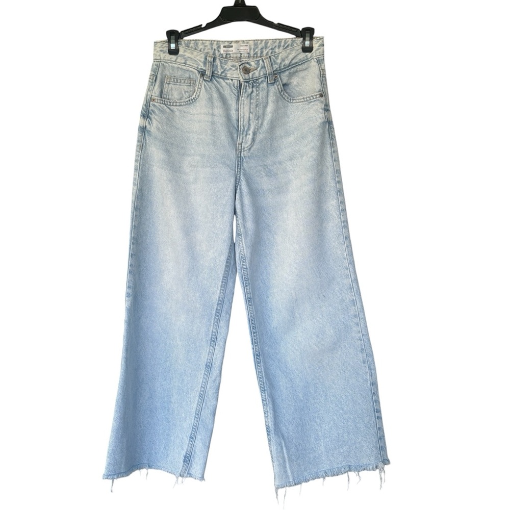 Bershka Denim Wide Crop Light Wash Jeans with Raw Hem 4